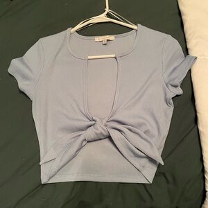 Love Tree Blue Cuffed Sleeve Crop Top with Tie Front